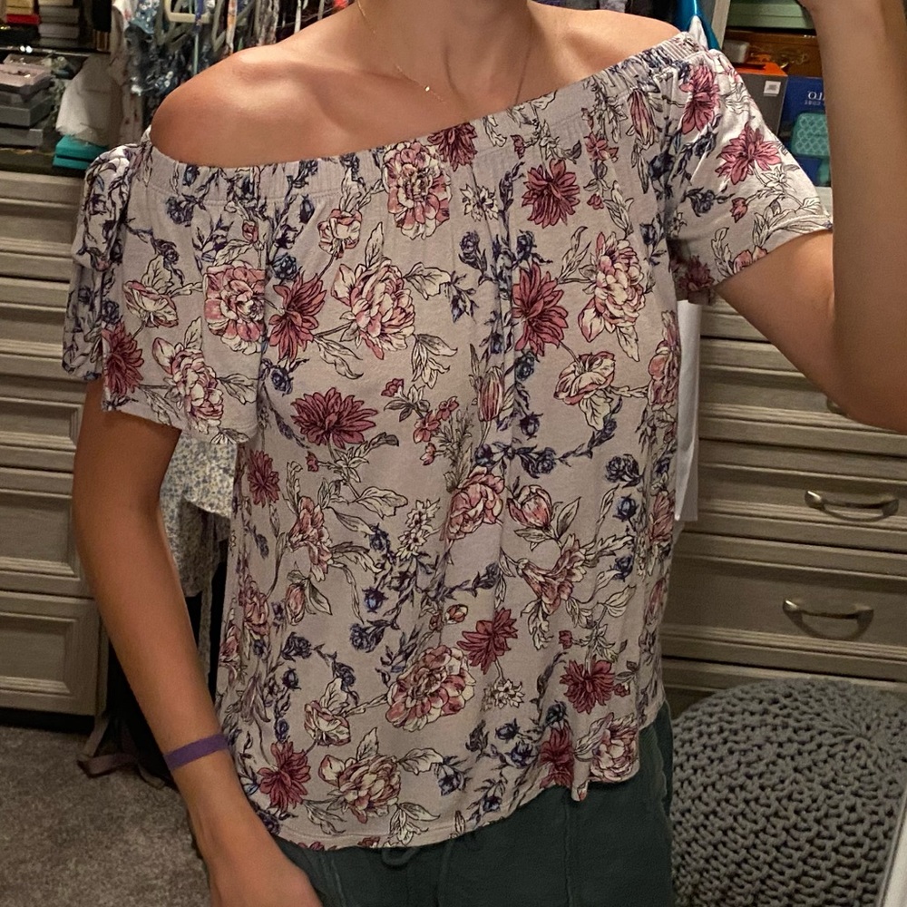 Pink Rose Flowered Over the Shoulder Top